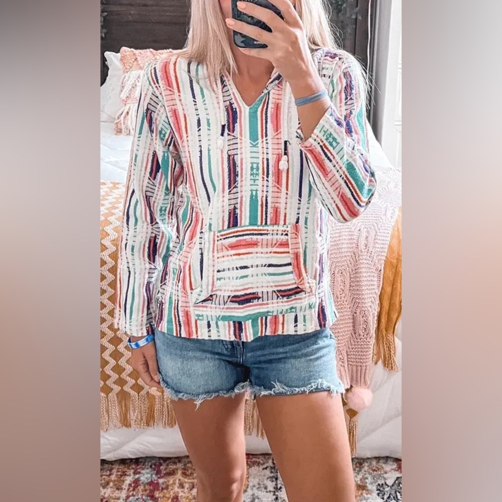 Beach By Exit Colorful Striped Hoodie Cotton kangaroo pocket Baja-style pullover